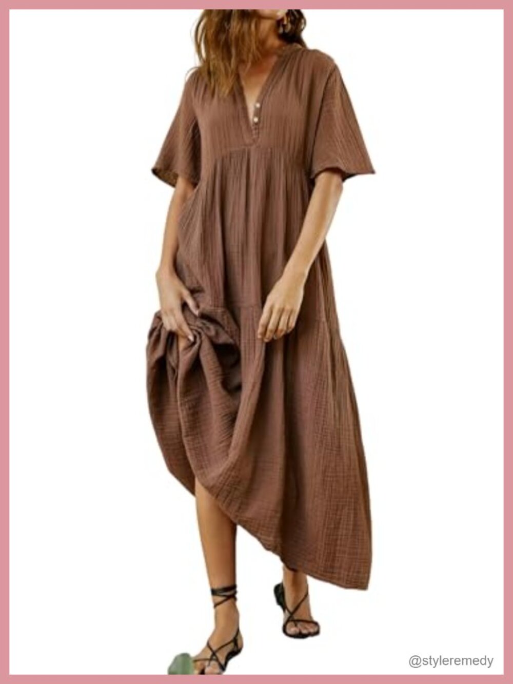 Womens Cotton Flowy Maxi Dress Short Sleeve V Neck Tiered Ruffle Summer Casual